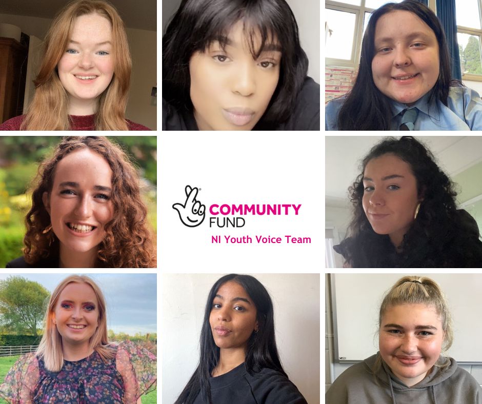 Eight separate images of eight young people. Each of them are facing the camera and smiling. The National Lottery Community fund logo is in the centre of the image with the text NI Youth Voice Team.